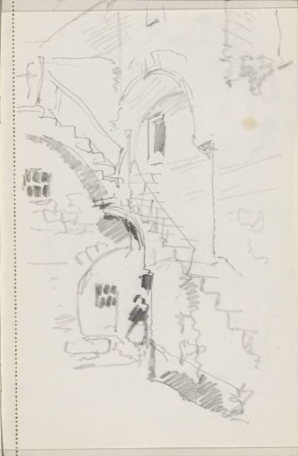 Street with a staircase along a facade