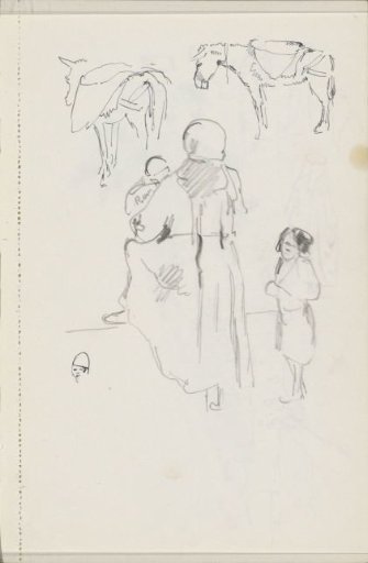 Saddled donkey and figures