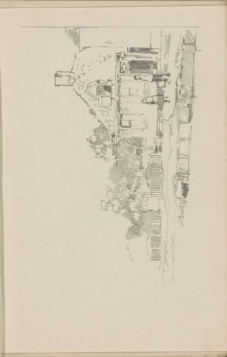 Two figures before a farm by the water
