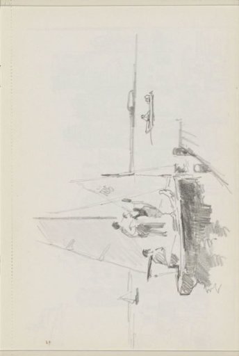 Figures on a sailing boat at a quay