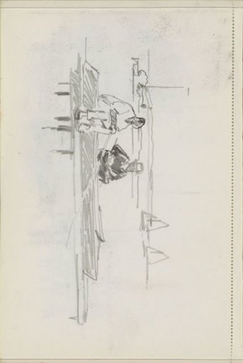 Two seated men in a rowboat at a pier