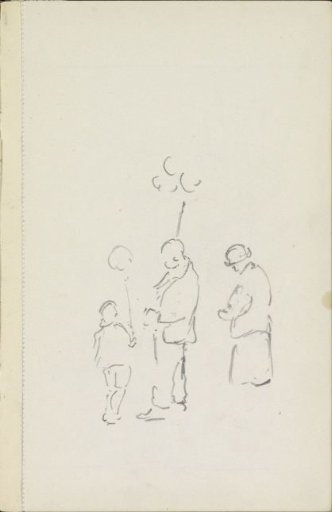Two figures and a child with balloons
