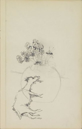 Vase with flowers and a goat