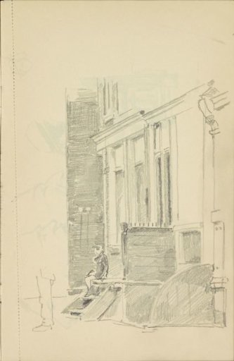 Seated figure on steps in front of a house