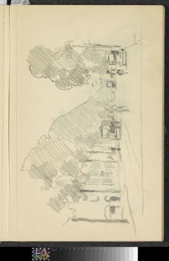 Cars, pedestrians, and a tram on a road