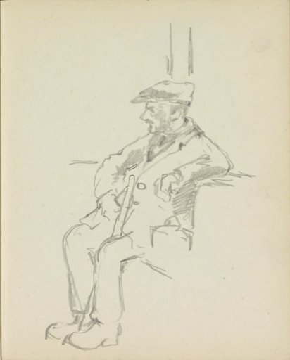 Seated man with a cap and walking stick