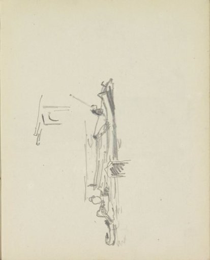 Figures on a boat at a mooring post