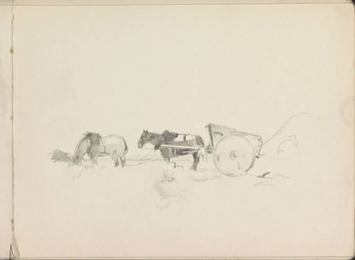 Grazing Horse and a Horse Cart in a Landscape