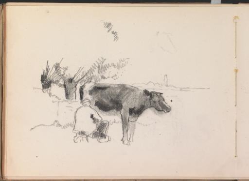 Peasant milking a cow in a meadow
