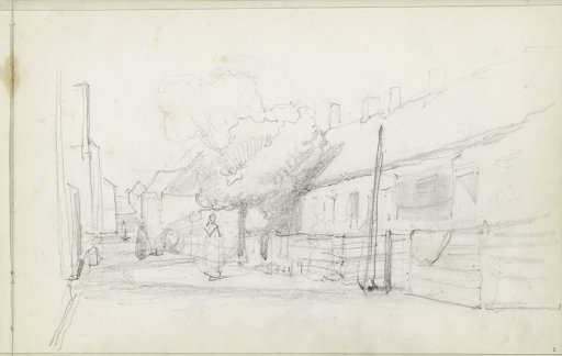 Figures on a street with row houses