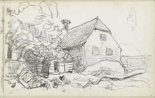 Figure on a courtyard in front of a house