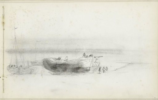 Figures by two fishing boats on the beach