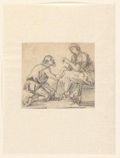 Beggar sitting on his knees before a seated woman