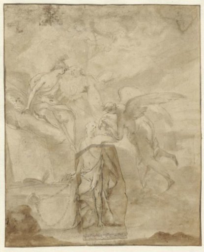 Allegory on painting with Prometheus, Mercury, Minerva and Pictura at a painter's easel with a painting