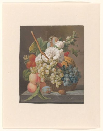 Still life with flowers and fruit in a basket