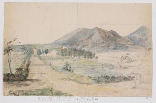View of the volcanoes Gedé and Pangrango, road Cianjur-Cipanas and country residence of the governor-general at Cipanas, Priangan, West Java