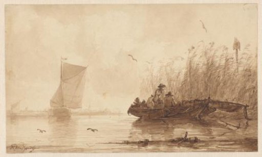 Fishermen in a Small Boat Near a Reed Bed