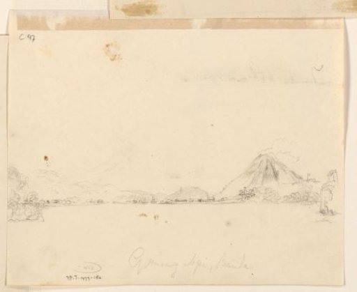 View of the Banda Islands, with the smoking volcano Gunungapi on the right, Central Moluccas