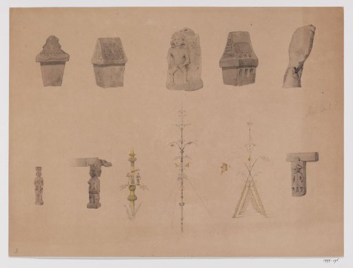 Three sarcophagi, two village foundation stones, and details of architectural elements and bamboo poles, Minahasa lands, North Celebes