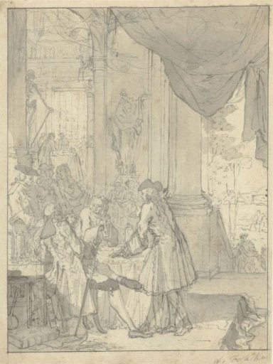 Disputing gentlemen with scientific instruments and phials