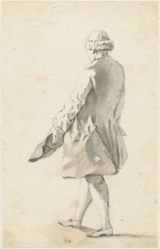 Figure study of a standing man seen from behind with a dagger in his left hand
