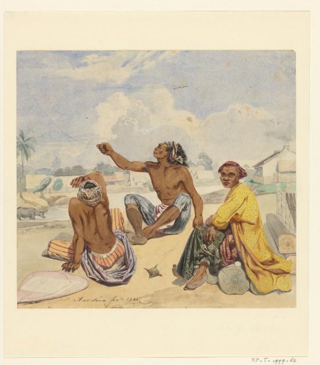 Three seated men at a kali (village)