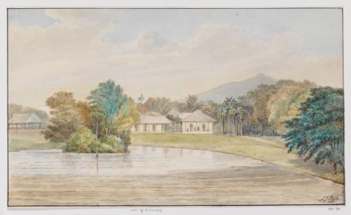 Landscape with a dwelling house and pond, West Java
