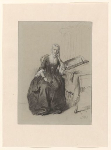 Figure study of a seated woman with a prayer book in her hand, beside her States Bible
