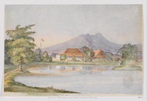 View of a house with a Dutch flag and pond against a mountain, West Java