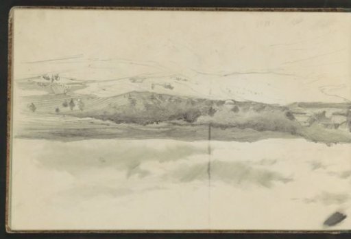 Hilly landscape with houses and grazing livestock