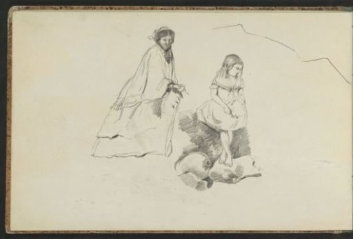 Girl Sitting on a Stone and a Woman in a Hoop Skirt