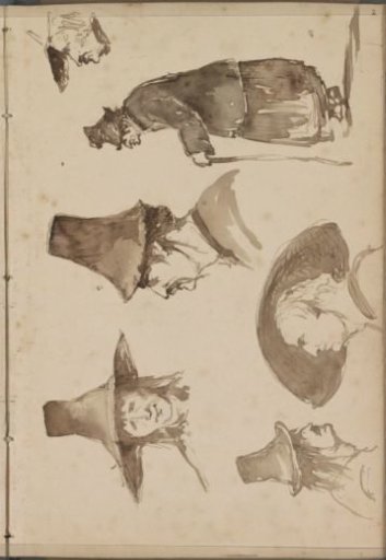 Men's and Women's Heads and a Figure with a Walking Stick