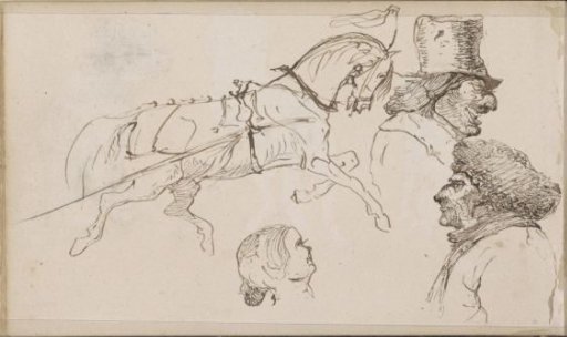 Horse in gallop and two male and one female head