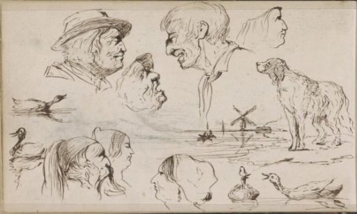Ducks, heads, a dog, and a river landscape with a mill