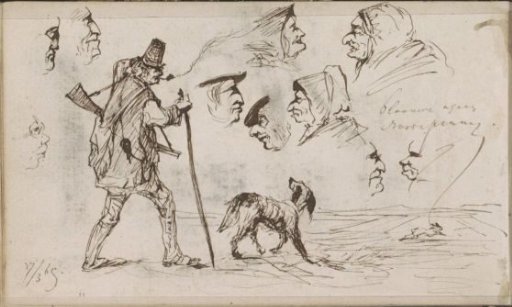 Meadow with a hunter, dog, and a hare