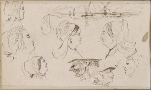 River landscape with a mill, sailing ships, and heads