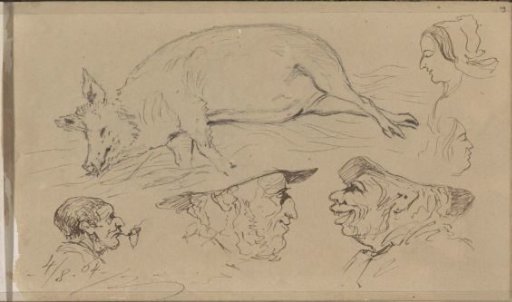 Sleeping pig, male heads, and a female head