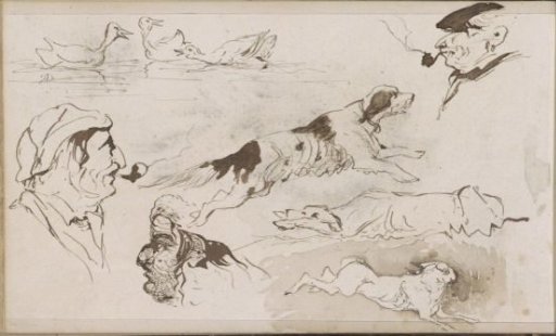 Ducks, dogs, a hare, and men's heads
