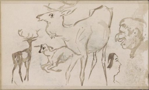 Stags and a man's and woman's head