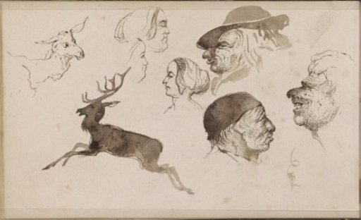 Stag, a roe deer, and men's and women's heads