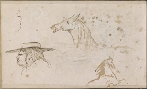 Rearing horse, a horse's head, and a man's head