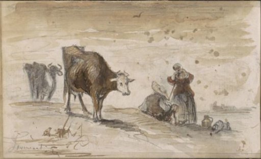 Cows and figures on a hill