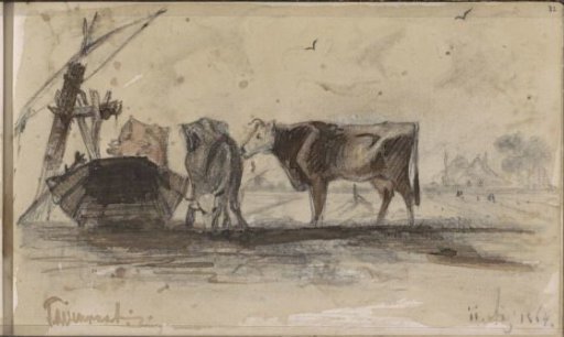 Meadow with cows at a trough