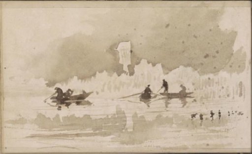 River with figures in rowing boats
