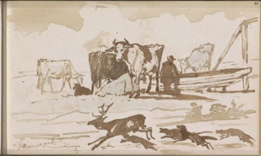 Meadow with cows and a farmer at a trough
