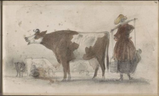 Meadow with cows and a milkmaid with a yoke