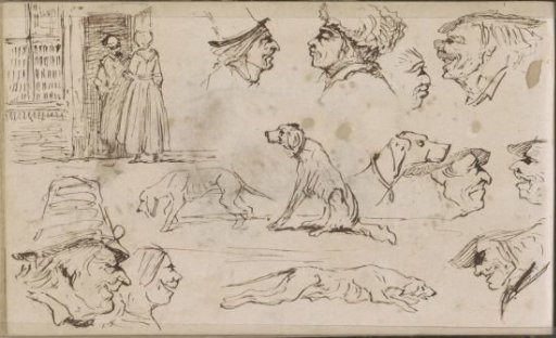 Two Peasant Women in a Doorway, Dogs, and Men's and Women's Heads