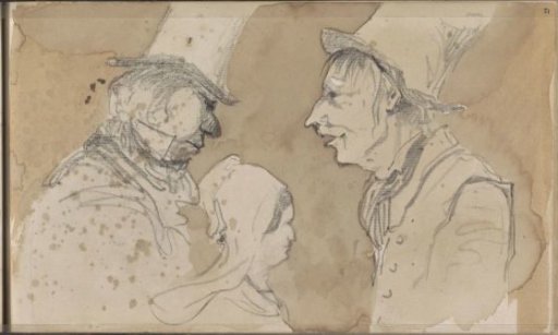 Two Men with High Hats and a Woman with a Cap