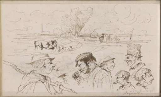 Meadow with Grazing Cows and Heads of Herdsmen