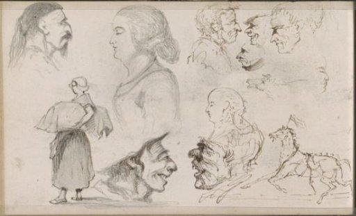 Galloping Horse, Men's and Women's Heads, and a Peasant Woman